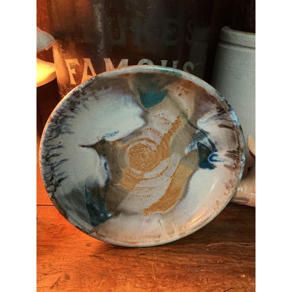 Studio Pottery Signed Manning Abstract Glaze Stoneware Bowl Teal Rust 7.5 Inch